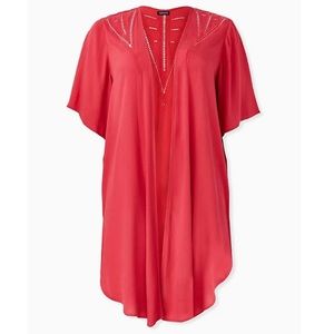 TORRID RED (CORAL) CRINKLED GAUZE CROCHET INSET LONGLINE KIMONO